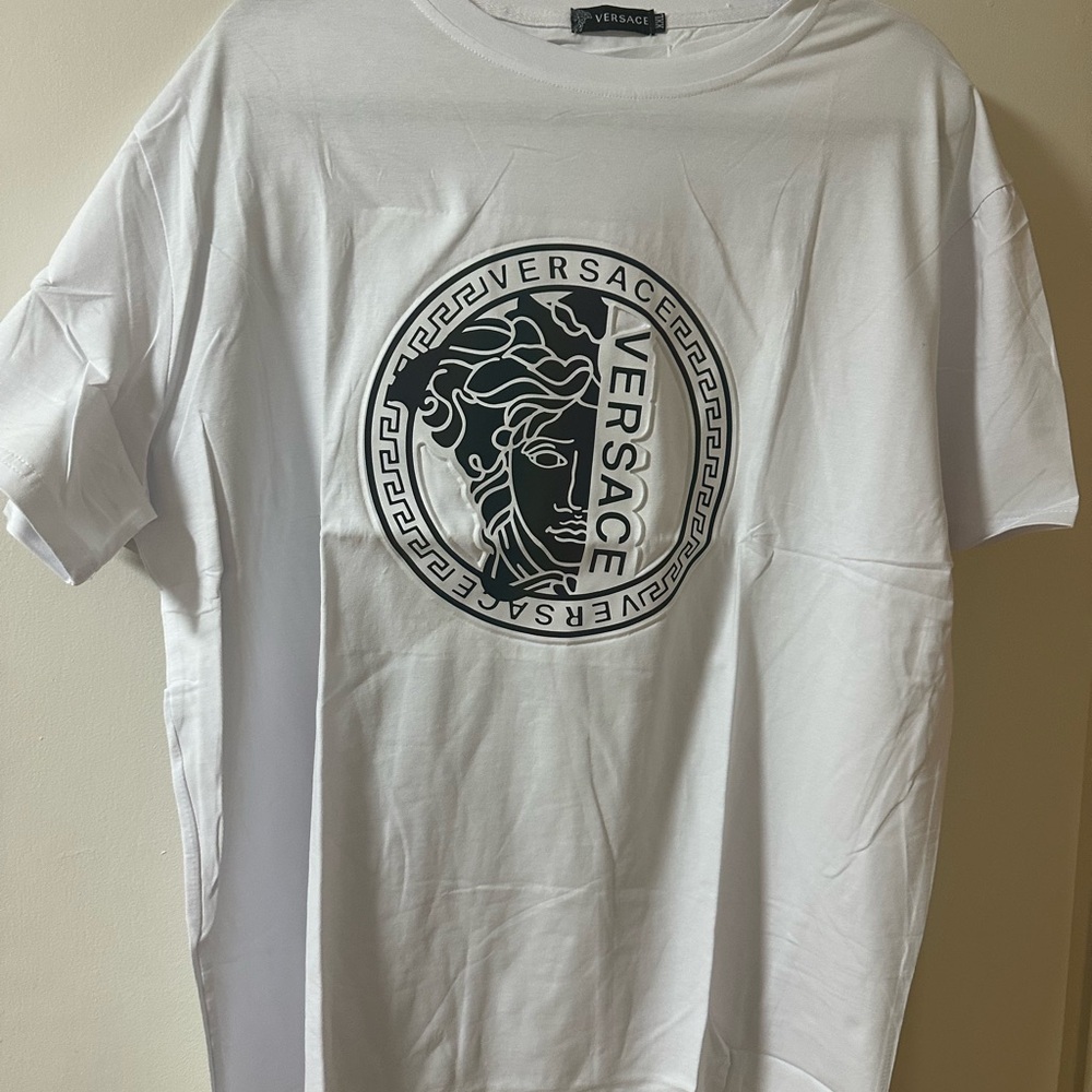 Versace White Short Sleeve Tee with Bold Logo Design